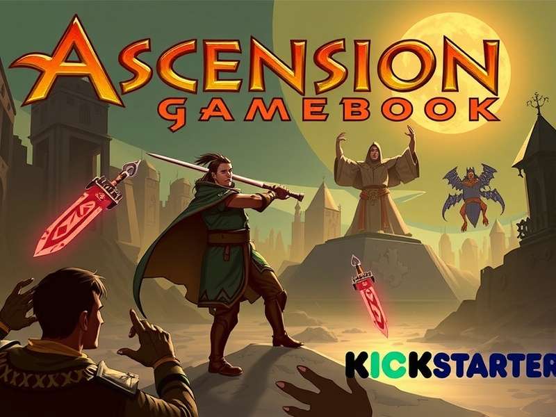 Ascension Gamebook Kickstarter campaign visual featuring book covers and gameplay components