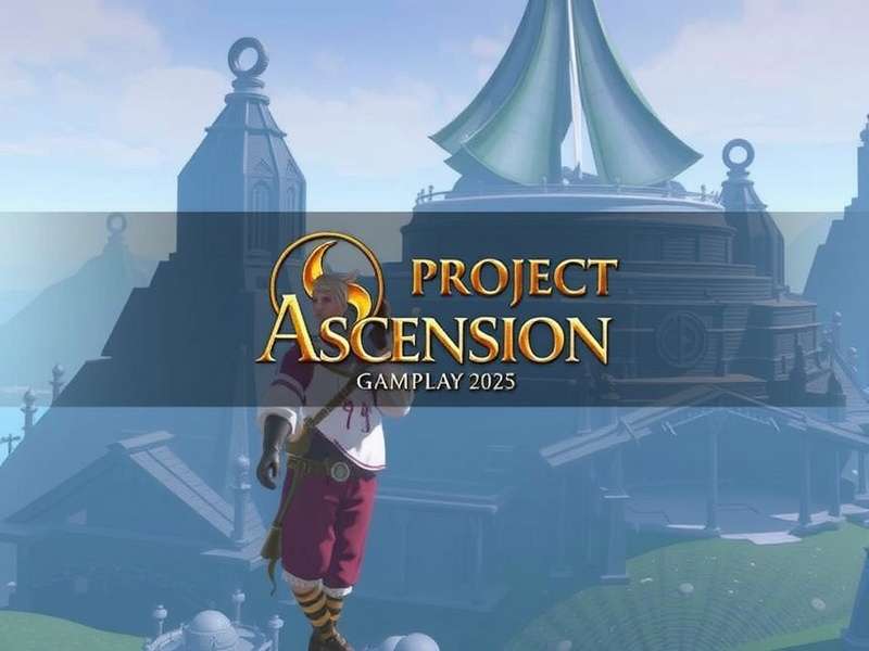 Project Ascension 2025 Key Art showing the protagonist facing a colossal enemy in a neon-drenched cyber-fantasy city