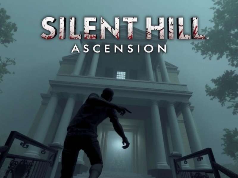 Silent Hill Ascension gameplay screenshot showing protagonist in foggy town with flashlight