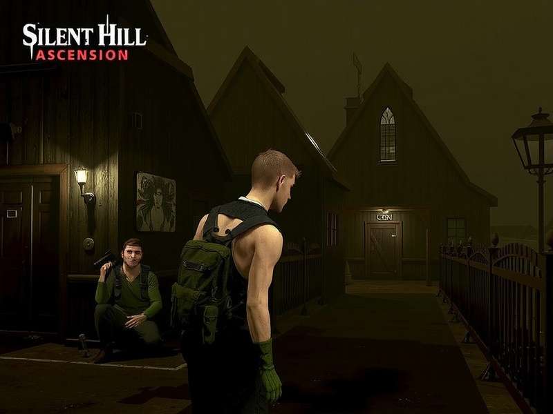 Gameplay screenshot of Silent Hill Ascension showing a character holding a flashlight in a dark, foggy corridor