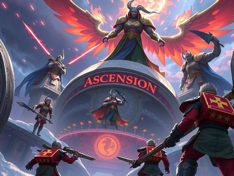 Epic battle scene from Ascension Game featuring a warrior with a glowing sword against a cosmic backdrop
